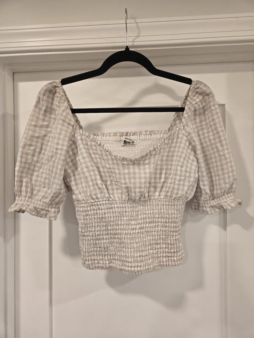 Abercrombie & Fitch Cream Gingham Smocked Crop Top